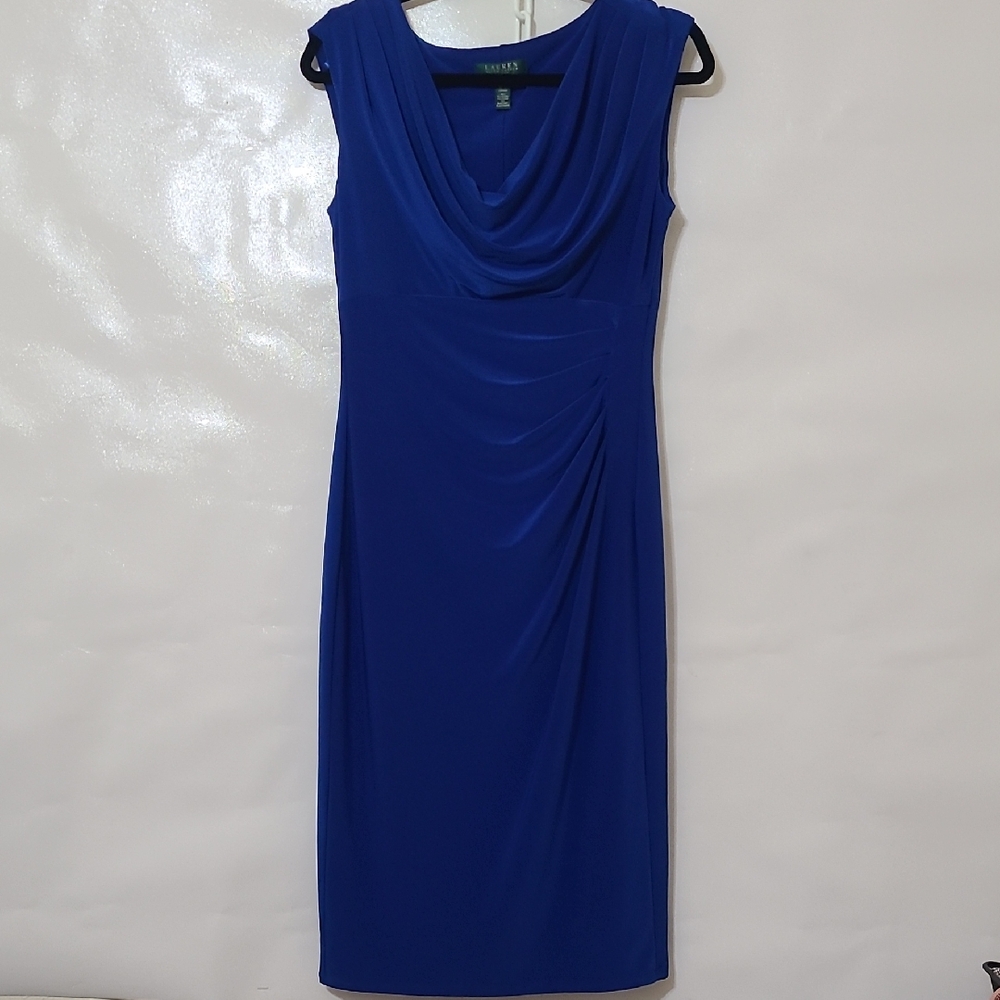 Lauren Ralph Lauren Blue Sleeveless Cowl Neck Side Ruched Sheath Dress - Size 10